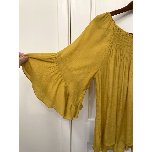 Mustard Yellow Smock Off Shoulder XL? Blouse 3/4 Bell Sleeve Fairy Boho Peasant - Picture 2 of 11